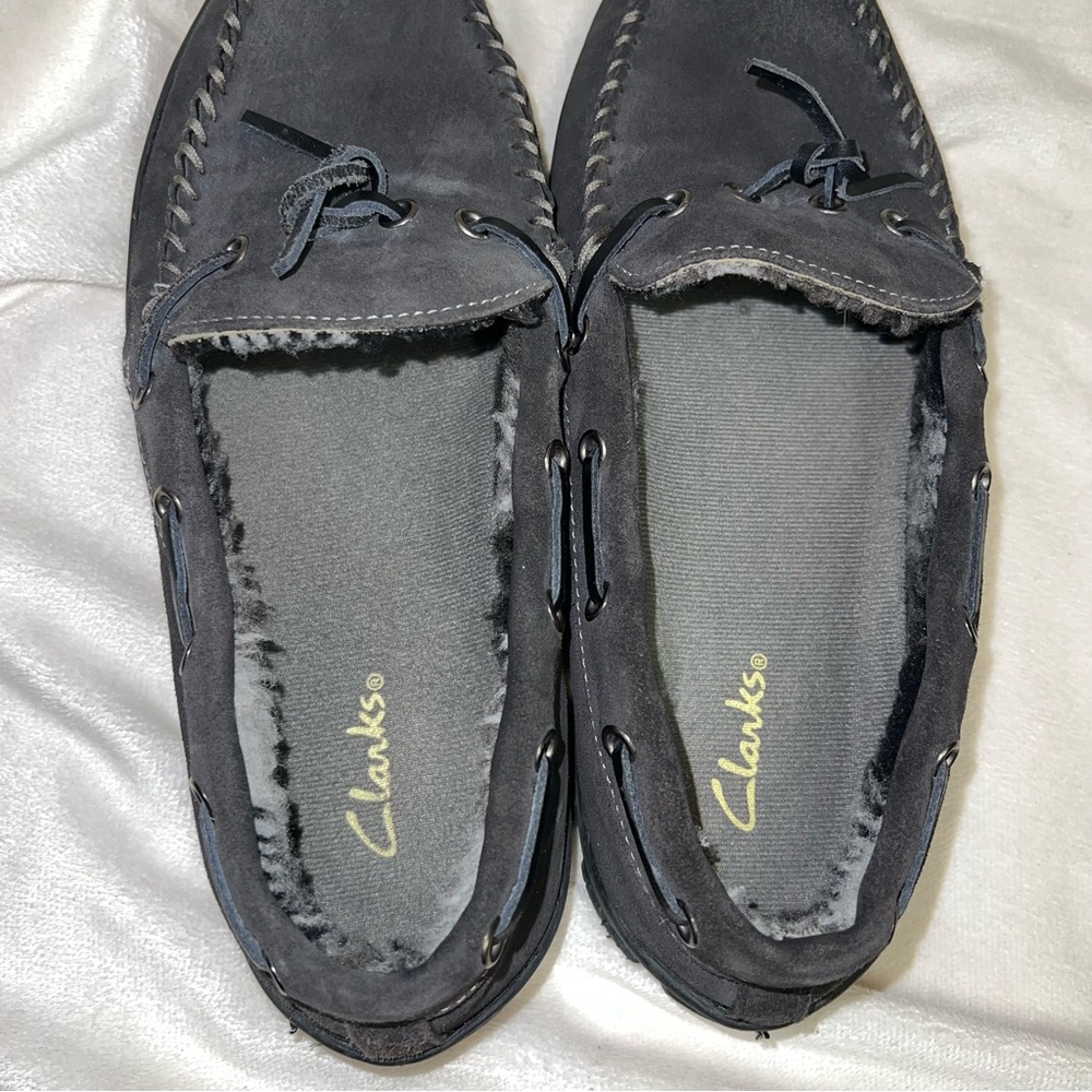Clarks Moccasin Gray Men's Size 9 Upper Leather Slip On  Fur Lined Suede - Picture 7 of 11